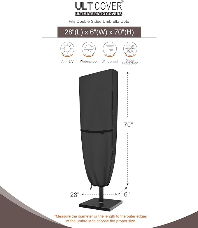 ULTCOVER Patio Parasol 600D Waterproof Outdoor Market Extra Large Umbrella Cover - Fits Double-Sided Umbrella 13-15 Feet, Black