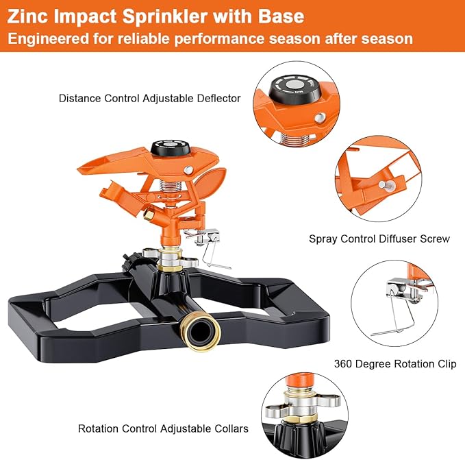FANHAO Heavy Duty Pulsating Impact Sprinkler for Yard, 360 Degree Rotating Lawn Sprinklers with All Metal Base, Adjustable Large Area Irrigation Sprinkle for Garden, Covers Up to 5,800 Sq. Ft