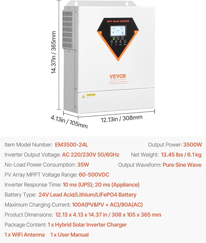 VEVOR Hybrid Solar Inverter, 3500W, Single Phase Pure Sine Wave Power Inverter, 24V DC to 220/230V AC, with Built-in 100A MPPT Solar Charge Controller, for Off-Grid System Lead Acid Lithium Battery