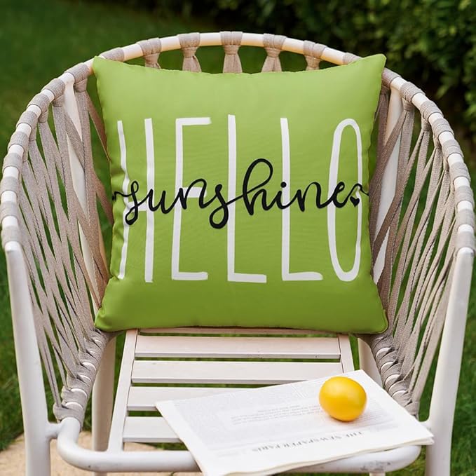 DFXSZ Outdoor Pillow Covers 20x20 Inch Set of 2 Hello Sunshine Decor Grass Green Waterproof Throw Pillow Covers Summer Outdoor Pillow Covers Decor for Patio Funiture Garden Sofa Couch 020E20