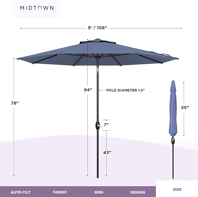 Midtown Umbrellas 10-Year-No-Fade - 9 Ft - UV Proof Light Navy Polyester Fabric - Umbrella Outdoor Patio, Auto-Tilt Aluminum Frame Patio Umbrella for Garden, Pool & Deck - Black Pole