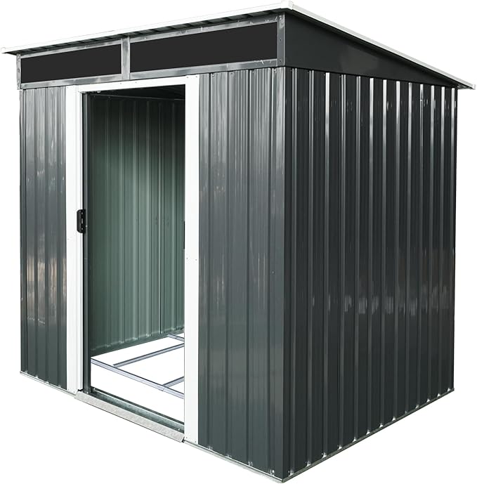 6FT x 5FT Outdoor Storage Shed, Heavy Duty Galvanized Steel Garden Shed with Sloped Roof, Sliding Lockable Doors, Punched Vents & Foundation Kit, Weather Resistant Tool Shed for Backyard, Black+White