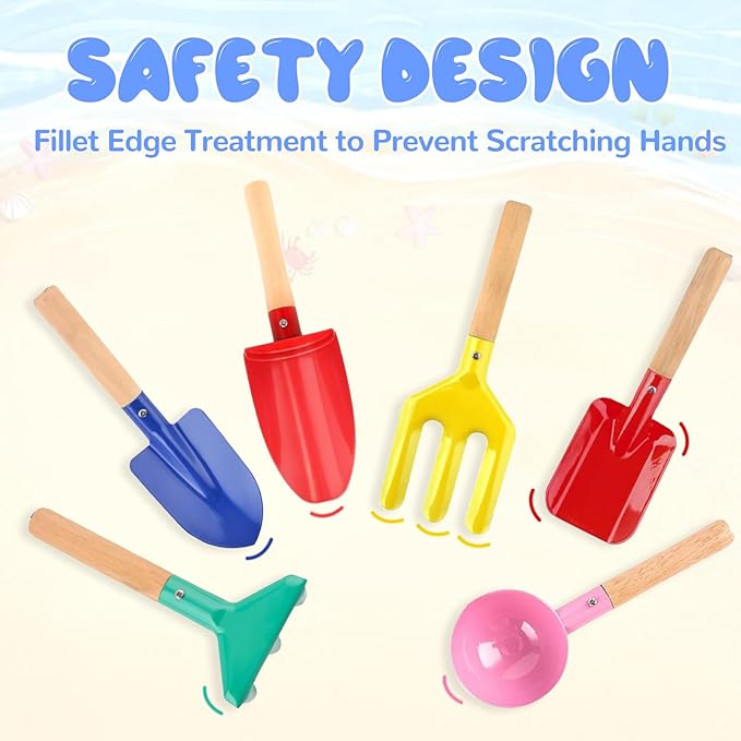 Beach Toys, 6 Pcs Kids Gardening Set, 8'' Kid Metal Sand Toys Sandbox Toys with Sturdy Wooden Handle, Children Beach Sand Toys Gardening Set, Beach Shovels for Kids Ages 3-8