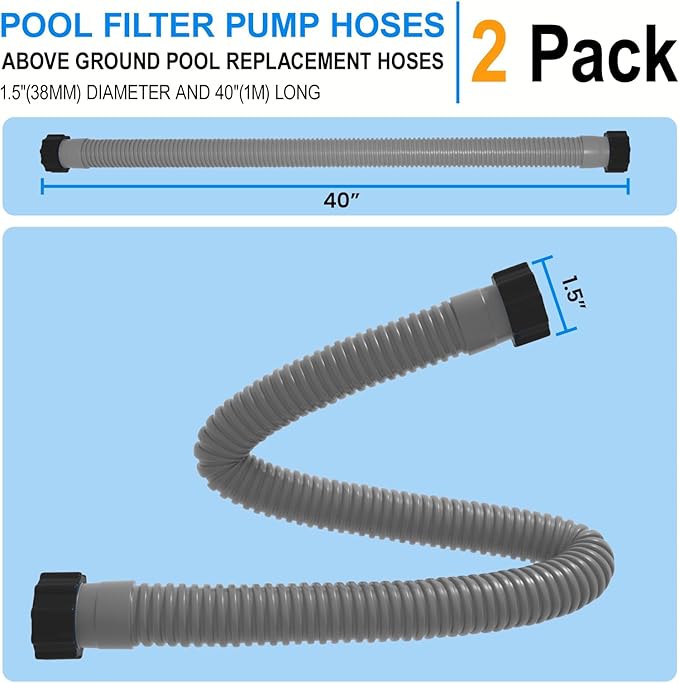 1.5" x 40" Pool Hose Replacement, Pack of 2 - Compatible with Above Ground Pools Filter Pump Hoses, Sand Filters, Saltwater Systems (1,500-2,500 GPH), Grey