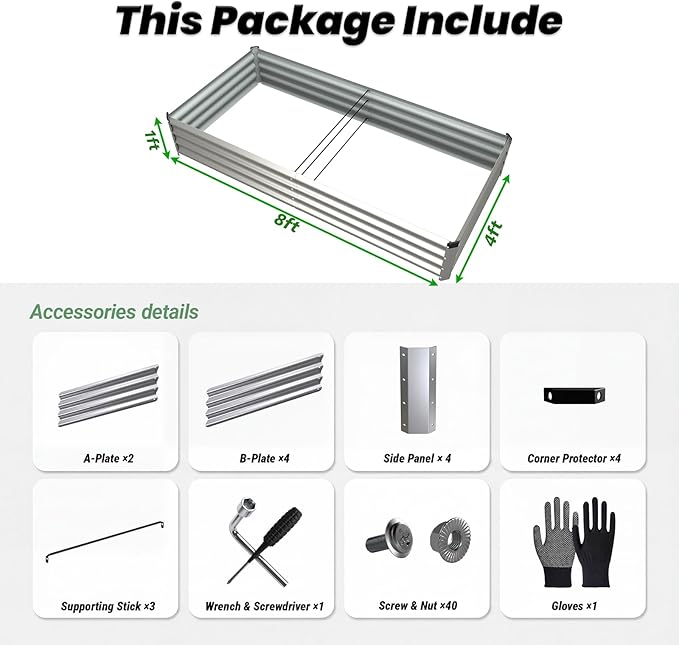 2Packs 8x4x1 FT Raised Garden Beds Outdoor, Planter Raised Beds for Gardening, Vegetables, Flowers, Metal Garden Box, Deep Plant Flower pots Outdoor (Silver)