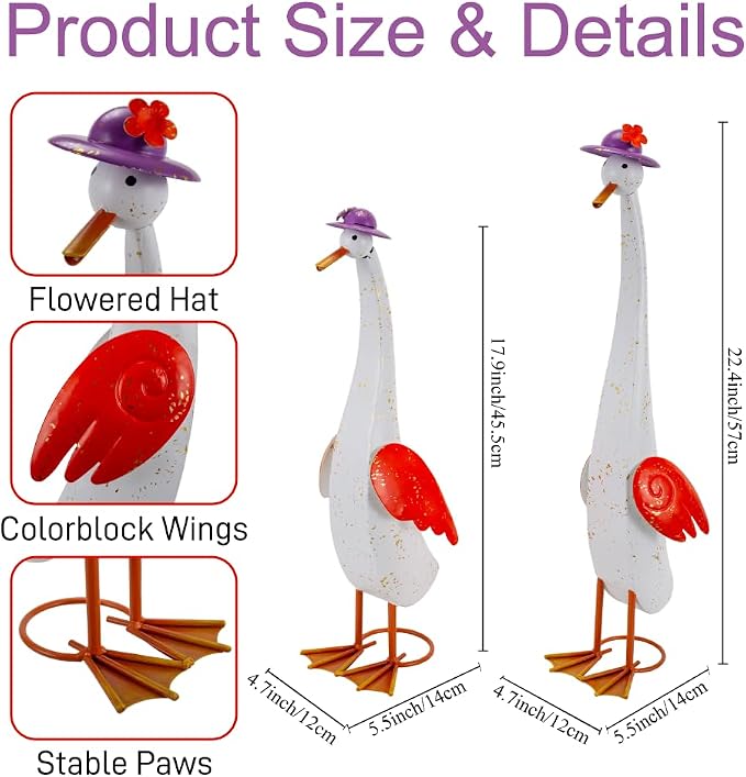 22" Duck Garden Statue Set of 2 Metal Ducks | Outdoor Decor Porch Animal Figurine Yard Art Sculptures Rustproof Lawn Ornament for Outside Patio Backyard Decorations