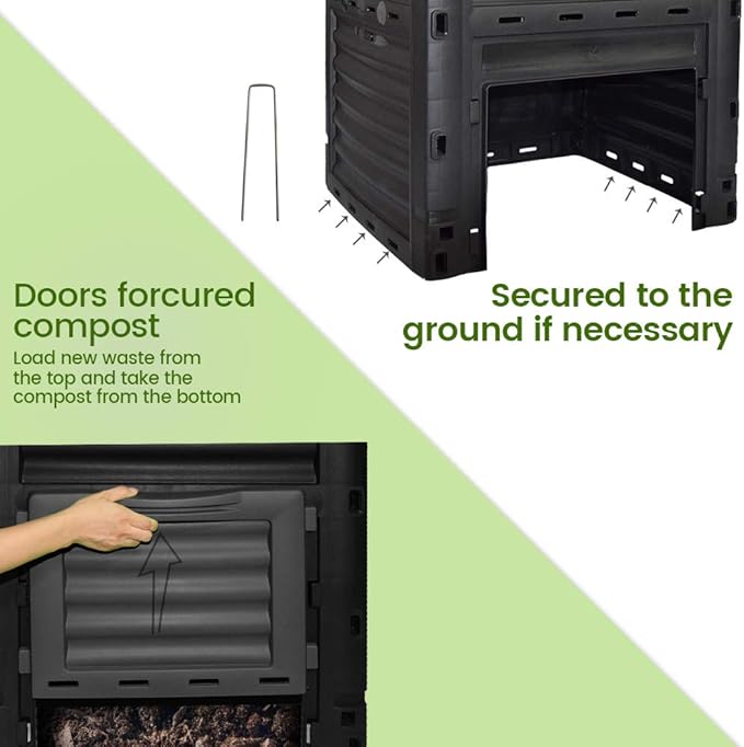 EJWOX 80 Gallon (300L) Large Capacity Static Compost Bin - Sturdy Outdoor Waste Composter with Easy-Access Hatch, Efficient Aeration System for Fast Organic Fertilizer Creation, Black