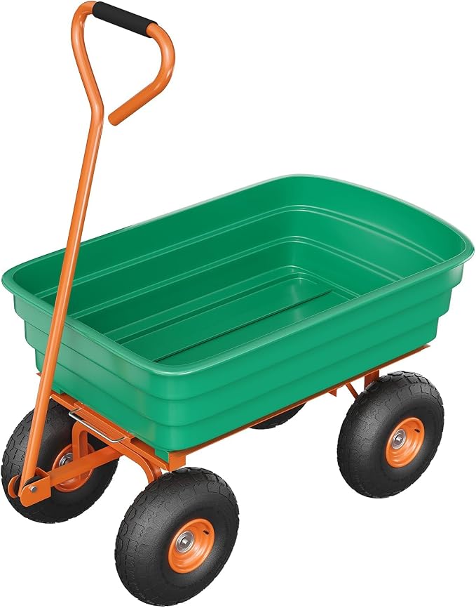 600 LB Garden Dump Cart with Quick Release System, Poly Garden Wagon with 180° Rotating Handle & All Terrain Tires, Yard Cart Utility Wagon for Landscaping, Gardening, Green & Orange