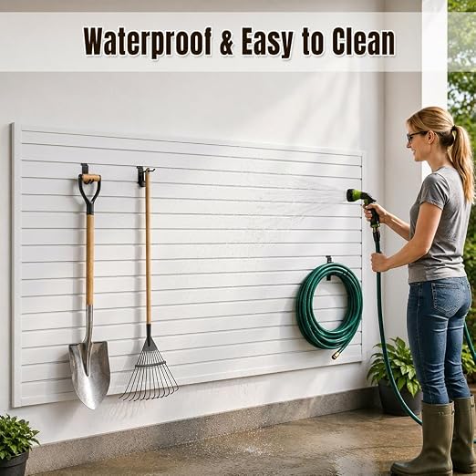 SMARTSTANDARD Slatwall Panel 4x8 FT, Garden Wall Organizer with 31 Garden Tool Hooks & Baskets,Heavy Duty PVC Slat Wall Panels for Gardening, Easy to Install & DIY Cutting(White)
