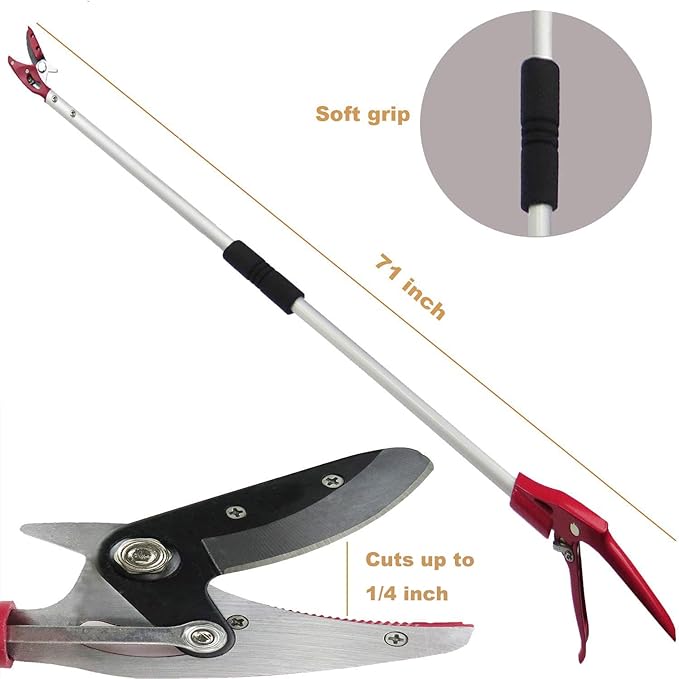 6FT Long Reach Pruner and Fruit Picker with Cut & Hold Feature, Lightweight 1.43lb Aluminum Pole with 90° Rotating Head, High Carbon Steel Sharp Blade, Ergonomic Tree Trimmer for High Branches