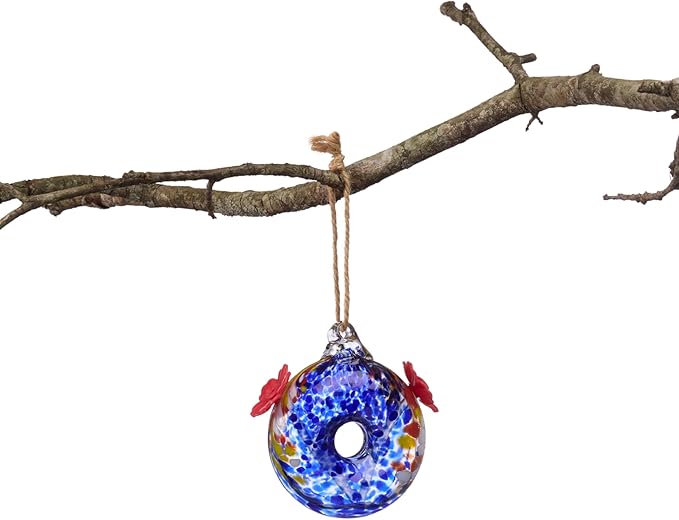 Red Carpet Studios Hummingbird Feeder Hand-Blown Art Glass, Hanging Birdfeeder with Twin Flower Feeding Ports, 5.5" Round Blue