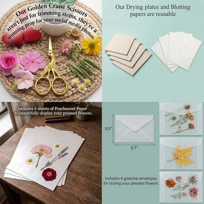 Kaokane Flower Press Kit, 9x9 Large Wooden Flower Presser with 4 Reusable Drying Plates & 4 Blotting Papers, Handcrafted Botanical Pressing Kit for Wedding Flowers, DIY Art Crafts Mothers Day Gifts
