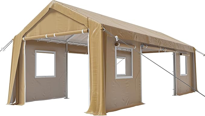 12x20FT Heavy Duty Carport Canopy 4 Roll-Up Doors & 4 Windows Portable Garage All-Season Outdoor Storage Shed for Car Truck Boat Shelter Party Tent, Yellow
