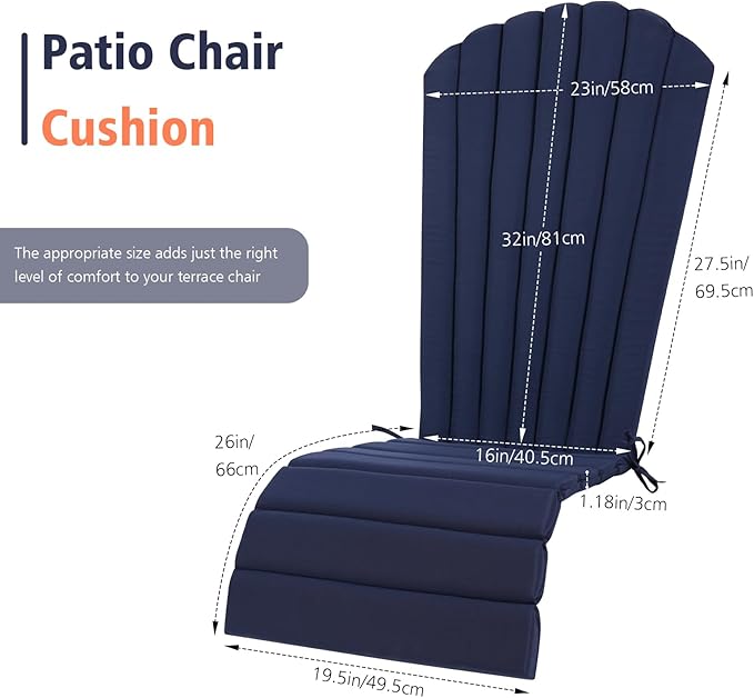 Adirondack Chair Cushion Set of 2 Indoor Outdoor Furniture Cushions Rocking Chair Cushions with Straps Replacement Folding Patio Chair Pad All-Weather Patio Chair seat Cushion（Navy）