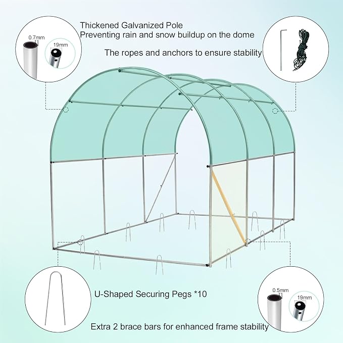 KANAGAWA 10'x7'x 7' Walk-in Tunnel Greenhouse with Watering System Heavy Duty Portable Green House Protect Gardening Plants 1 Zipper Mesh Door, 6 Roll-up Windows, Thickened galvanised Steel,Green