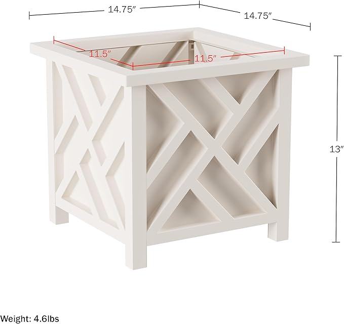 Lattice Design Outdoor Planter Box - 14.75” Square 13” Tall White Plant Pot - Decorative Plant Pots for Front Porch Decor - Flower Pots Outdoor Planters for Porch Patio or Garden Decor by Pure Garden