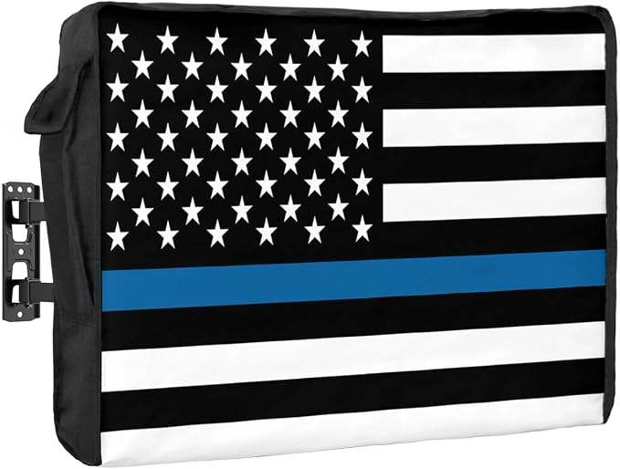 American Police Flag Outdoor TV Cover 80 to 85 Inches, Weatherproof & Waterproof, Blue White Outdoor TV Enclosure with Remote Control Pocket