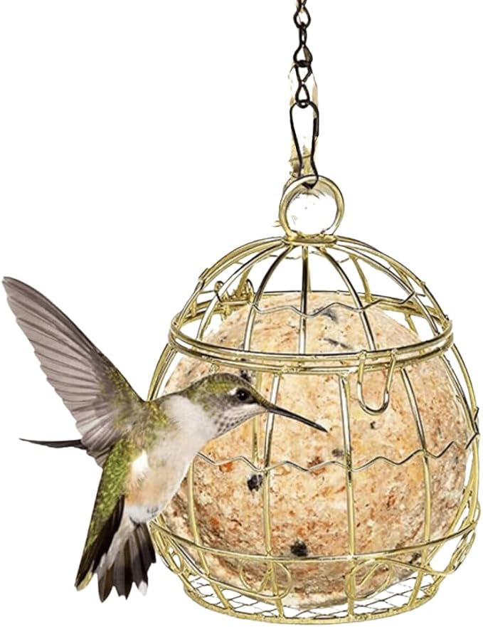 Bird Feeder, Suet Ball Feeders for Outside Hanging, Metal Hanging Bird Feeder with Hooks, Fat Ball Bird Feeder Suet Feeder for Wild Birds Outdoor Garden (Gold,1 pcs)