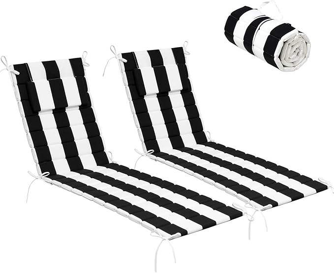 Crestlive Products Chaise Lounge Cushion Outdoor Set of 2, Foldable Waterproof Pool Lounge Chair Cushions with Straps, Lounger Cushions for Outdoor Furnitur, 71''Lx21''W (Black Stripe)