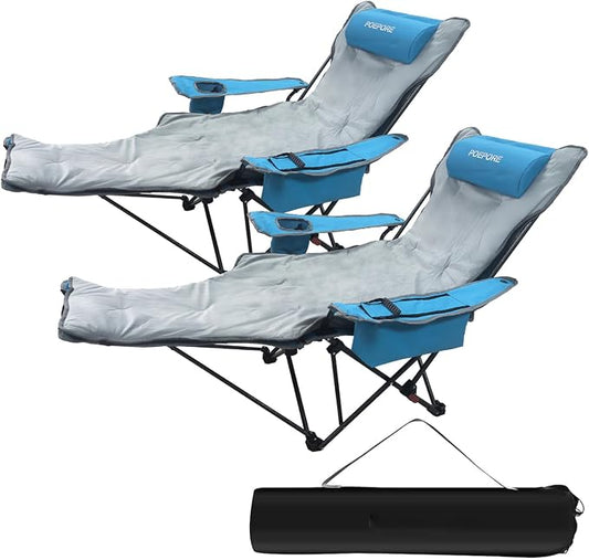 2-Pack Reclining Camping Chair 4 Position with Foot Rest Comfortable for Adults 265Ibs Folding Lounger Mesh Beach Chair with Cooler Bag,Cotton Cushion and Cup Holder for Outdoor Patio