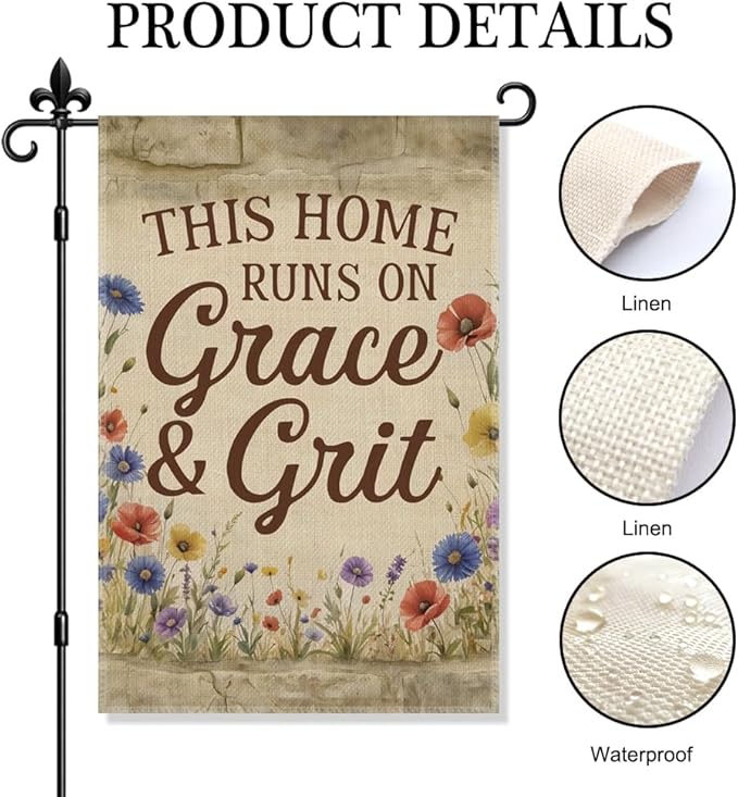 This Home Runs On Grace and Grit Garden Flag Double Sided Yard Outdoor Decoration 12x18 Inch, Vintage Floral Yard Decoration Garden Flag, Christian Home Banner, New Home Housewarming Gifts