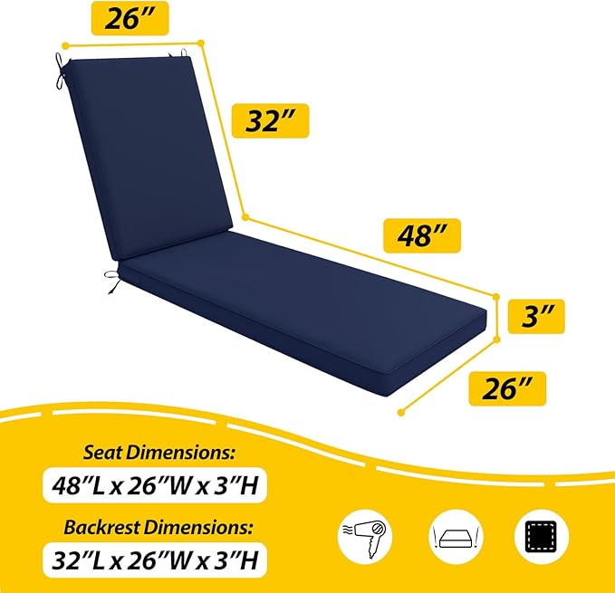 AAAAAcessories Outdoor Chaise Lounge Cushions, Fade-Resistant, Waterproof Patio Furniture Replacement Cushions, 80" x 26" x 3", Blue