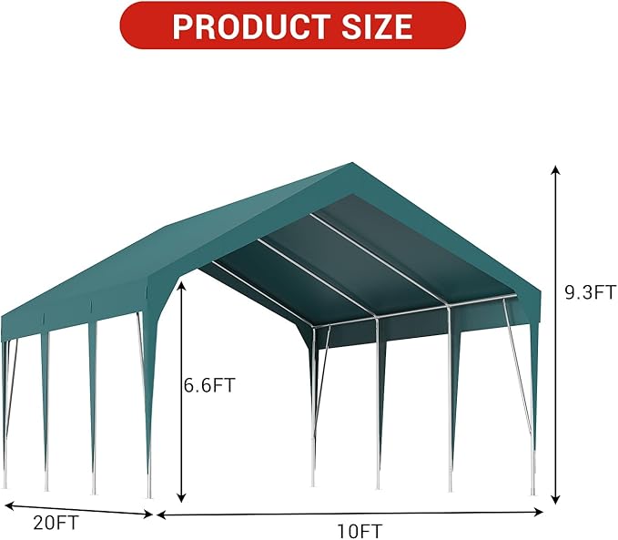 10'x20' Heavy Duty Carport Outdoor Car Canopy UV Resistant Waterproof Party Tent All-Season Portable Garage Gazebo Shelter for Car, Storage Shed, Green