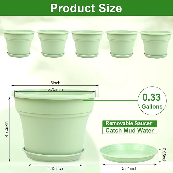 Pottiffe 6 Inch Plastic-Flower Pot-for-Indoor Plants, 6 Pack Outdoor Plant Pots with Drainage Holes & Saucers, Resin Garden Pots Planters
