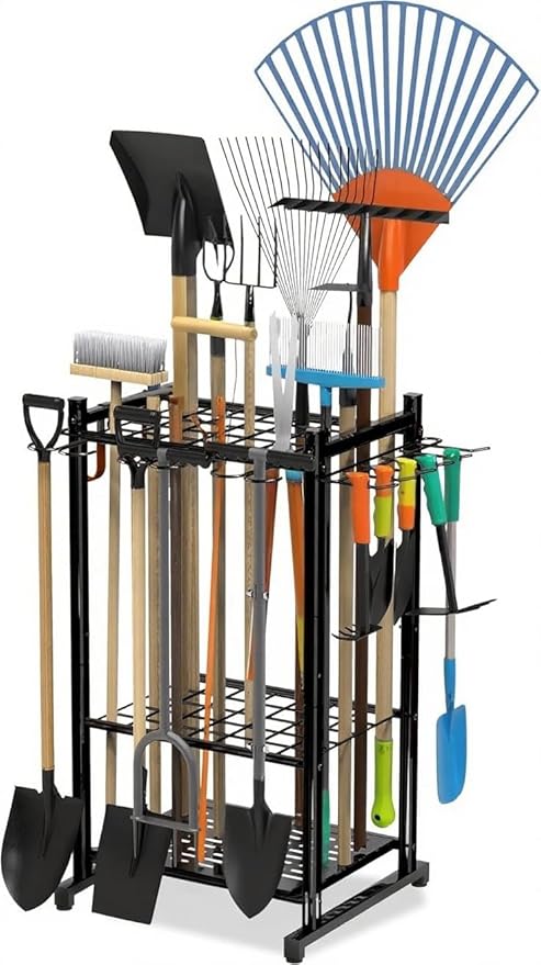 Garden Tool Organizer,3 Tier Yard Storage Rack With 3 Shelves,Heavy Duty Holder With 35 Long-Handled Slots& Hooks for Yard Shed and Lawn