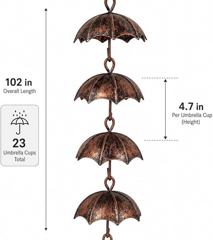 Umbrella Rain Chain, 102 Inch Metal Rain Chains for Gutters Downspouts Outside, Decorative Copper Finish Gutter Downspout Replacement, Outdoor Hanging Rainwater Chain for Porch Patio Garden Yard