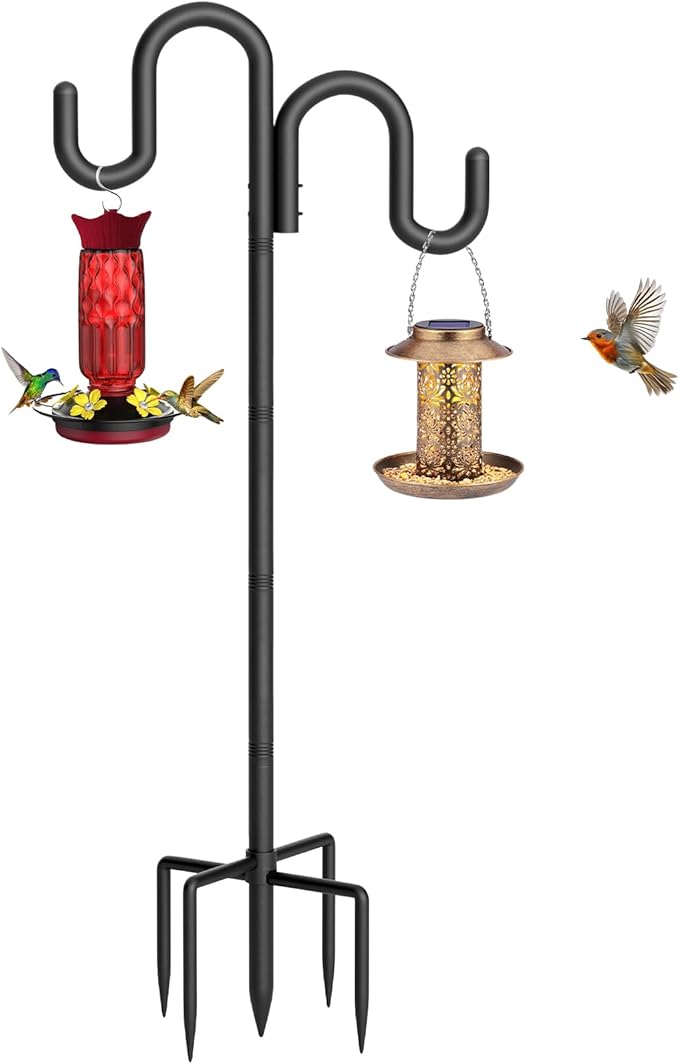 Double Shepherd Hook for Outdoor, 60" Heavy Duty Bird Feeder Pole with 5-Prong Base, Adjustable Thickened Shepherd Hook for Bird Feeder, Flower Baskets, Solar Lights, Lanterns, Black, 1 Pack