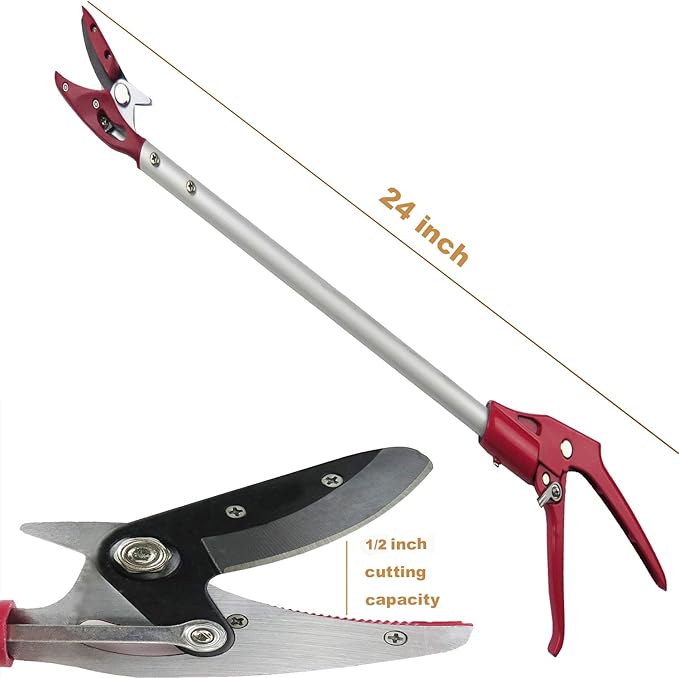 2FT Long Reach Pruner and Fruit Picker with Cut & Hold Feature, Lightweight 0.7lb Aluminum Pole with 90° Rotating Head, High Carbon Steel Sharp Blade, Ergonomic Tree Trimmer for High Branches