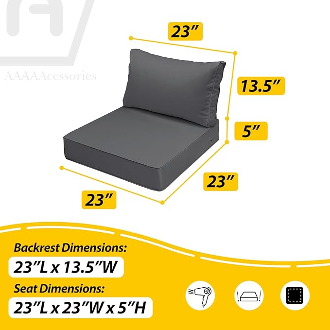 AAAAAcessories Outdoor Seat Cushions for Chairs, Fade-Resistant, Waterproof Patio Furniture Replacement Cushions, 23" x 23" x 5" + 23" x 13.5", Dark Gray
