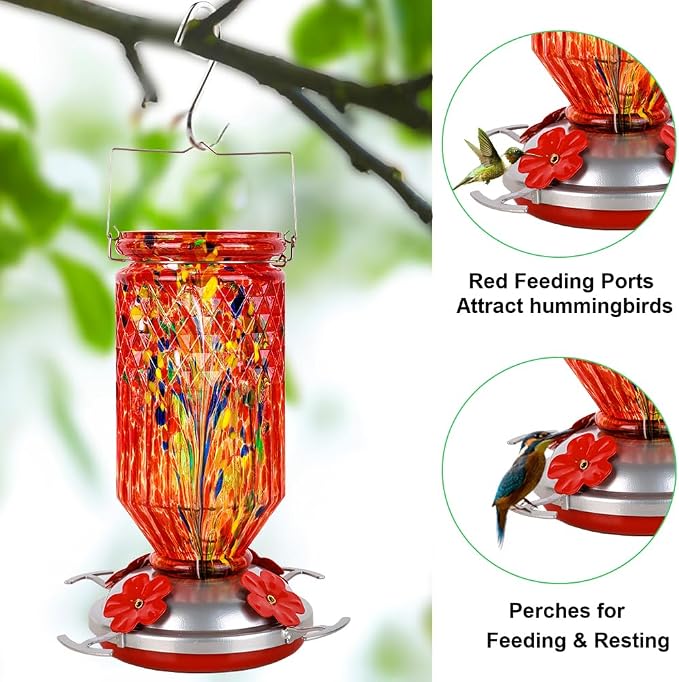 Hand Blown Glass Hummingbird Feeder for Outdoors Hanging Round Chaning Color 32 OZ Large Humming Birds Feeders with Accessories Gift for Women Mom (Red)