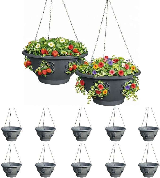 Hanging Planter Basket 10 Pack Bulk, Easy Fill Strawberry Planter, Outdoor Hanging Basket with Side Planting Panels, Durable UV Resistant Planters, Made in USA, 10, Gray