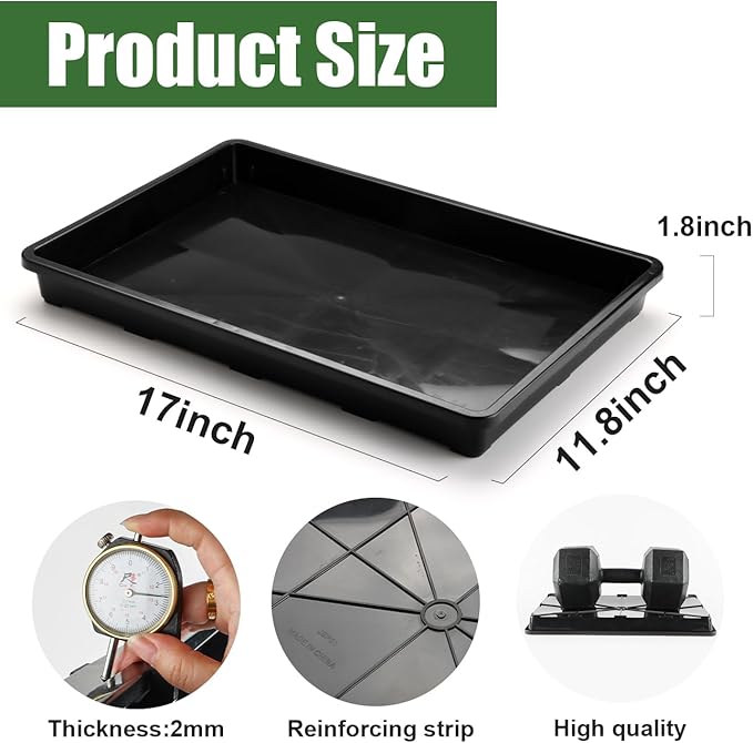 RooTrimmer 10 Pack Nursery Pots Trays (17"x11"x2"), Plastic Flat Seed Starter Trays, Durable Carrying Seedling Starter Tray, Reusable Tray for Planting and Collecting Drainage Water (Black)
