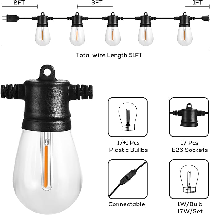 Banord 51FT Outdoor Shatterproof LED String Lights, Waterproof 17 Hanging Sockets with 18 x Dimmable LED Bulb Garden Light String, Waterproof Vintage Patio Lights for Wedding Party