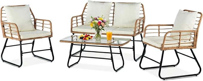 DUMOS Outdoor 4 Piece Patio Furniture Set, Wicker Patio Set with Thick Sandwich Structure Cushions, Deep Seating All-Weather Rattan Sofa and Functional Glass Table for Porch, Lawn, Brown