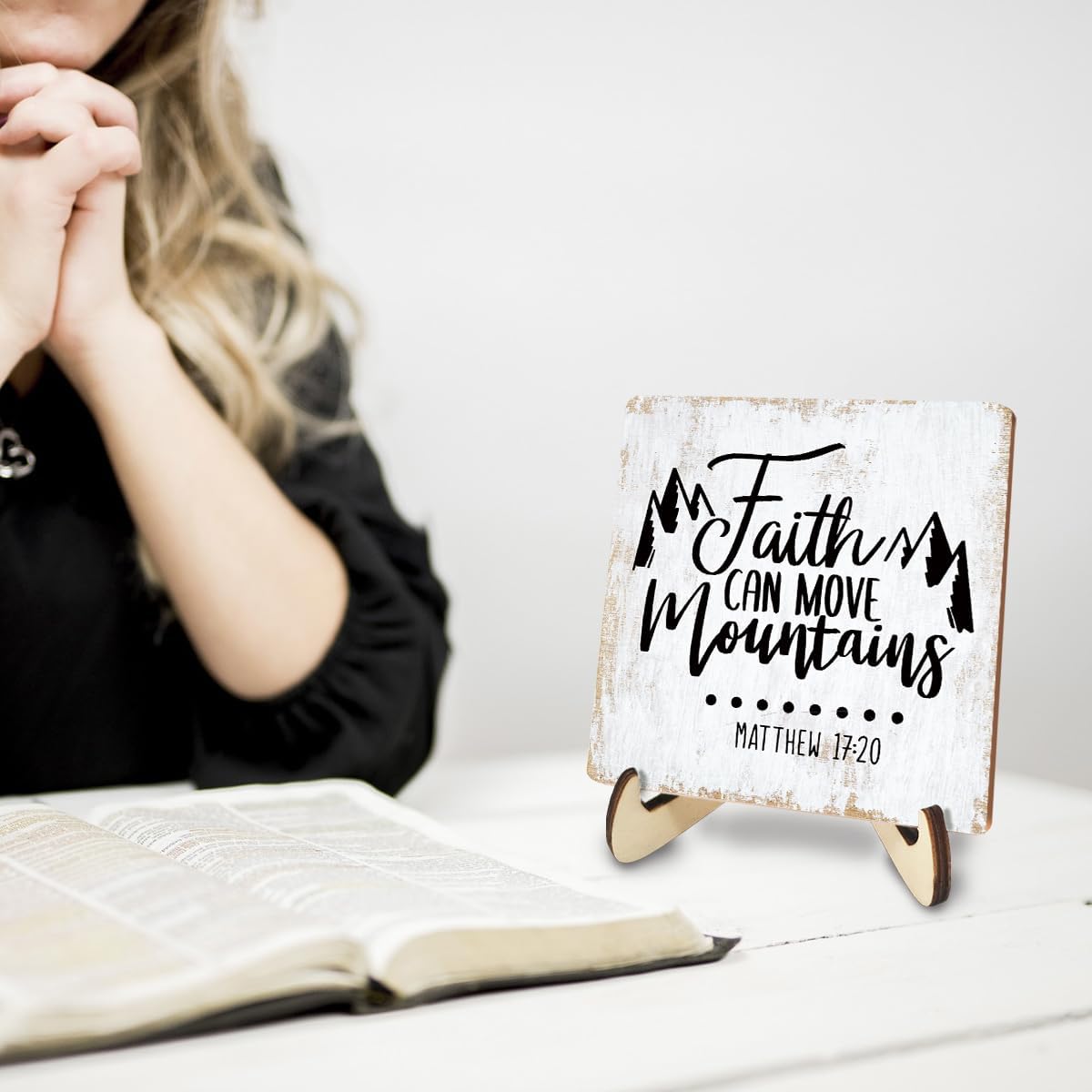 Inspirational Wood Sign Rustic Desk Decor Home Cubicle Office Decor Work Table Desk Accessories Decorative Christian Religious Bible Verse Faith Decorations Office Supplies for Desk Cubicle Decor