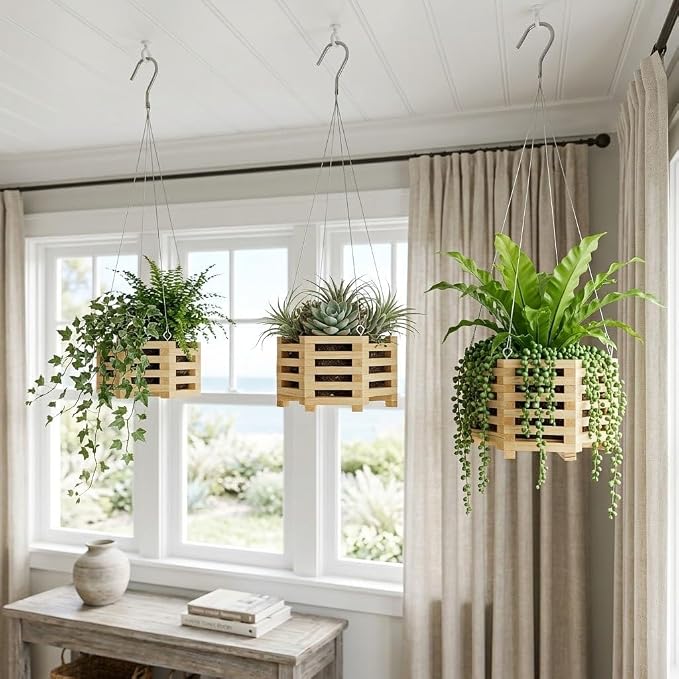 Wooden Orchid Baskets with Hangers for Ferns & Vandas, 6", 8" & 10" Octagon Wood Hanging Planter Set for Patio, Balcony Decor, Garden Flower Pots for Indoor Outdoor Plants, 3 Pack