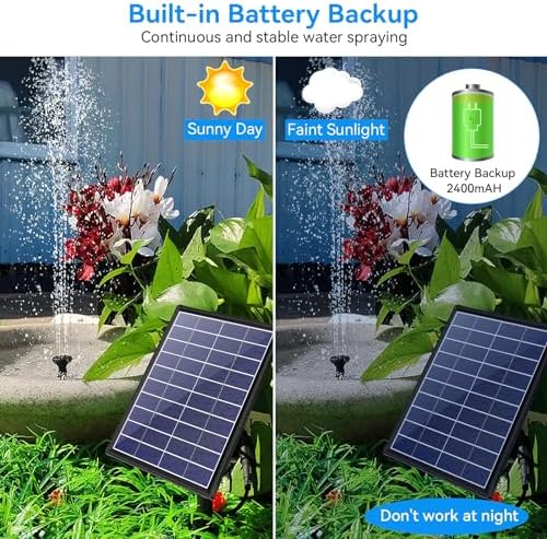 POPOSOAP 6.5W Solar Fountain Pump for Bird Bath Built-in 2400mAh Battery Backup & 12W Solar Water Fountain Pump for Outdoor Pond, Bird Bath, Fish Tank and Garden Water Features