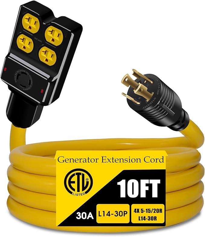 NEMA L14-30P to 4X 5-20R/5-15R&L14-30R Generator Adapter Extension Cord, 4 Prong 30 Amp to 110V,Twist Locking to 15 Amp/20 Amp Household Outlet, 125/250V 7500 Watts, ETL Listed (10FT)