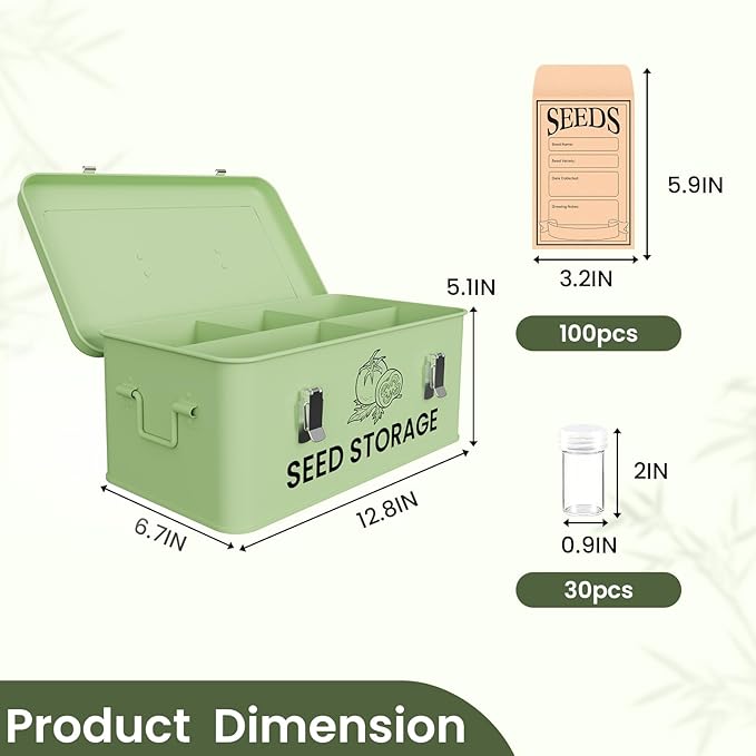 Seed Storage Organizer Box, Metal Seed Box, Garden Seed Organizer with Lid, Seed Containers Storage with 5 Compartments, 30 Seed Holder Organizers, 100pcs Seed Envelopes (Green)