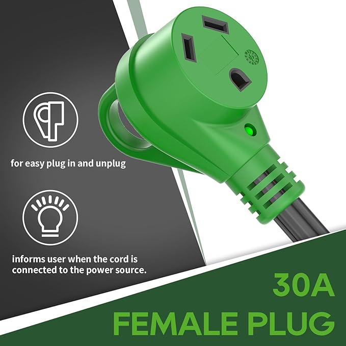 RVGUARD 4 Prong 30 Amp to 30 Amp RV Generator Adapter Cord 12 Inch, STW 10/3, L14-30P Locking Male Plug to TT-30R Female with LED Power Indicator, Green