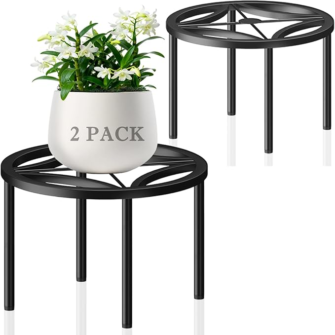TOSKING 2-Pack Fully Assembled Heavy Duty Metal Plant Stand, Geometric Flower Pot Holder for Heavy Potted Plant, Rustproof Iron Plant Riser with Adjustable Feet, 200 LBS Capacity, No Installation Required, Indoor/Outdoor, Black (11.81"Dia x 6.5"H)
