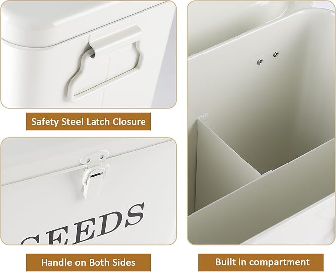 Seed Storage Organizer, T-Shape Compartment Seed Box with Safety Lock, Metal Seed Saving Box, Portable Seed Bin Container with Handle, Including 2 Pens 20 Plant Labels 50 Seed Envelopes-White