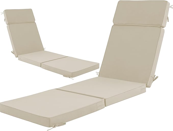 80 x 26 Inch Outdoor Chaise Lounge Cushions Set of 2 - Removable Cover, 4-Section Design, Water-Repellent & Fade-Resistant, 6 Tie Straps, Replacement for Patio & Pool Chairs - Cream