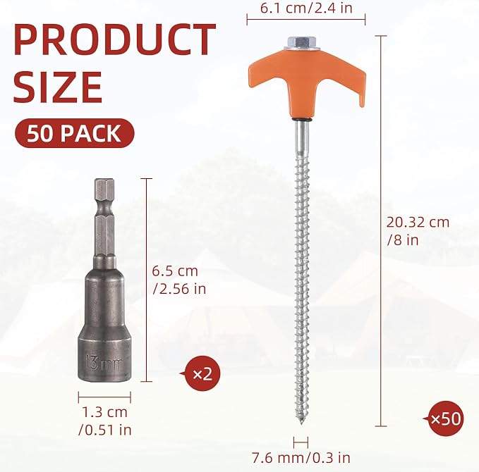 50 Pack 8 Inch Screw in Tent Stakes Heavy Duty Tent Stakes Screw in Ground Camping Stake with Hex Head Driver Metal Pegs Spikes for Camping Garden Yard (Orange)