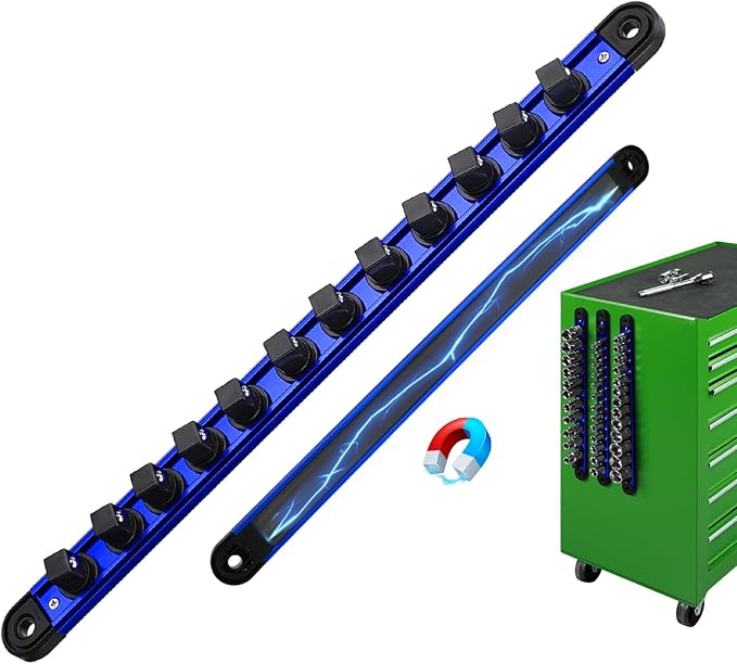 1/2-Inch Magnetic Socket Organizer Rail, Aluminum Alloy Socket Rail, Heavy Duty Sockets Holder with 12 Clips, 360° Swivel Clip Tool Tray, Sockets Organizer for Tool Box Drawer (Blue)