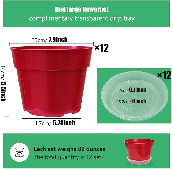 RooTrimmer 8 inch Plastic Flower Pots, Red Plant Pots 12Pack with Saucers for Indoor House Plants Growing and Decoration
